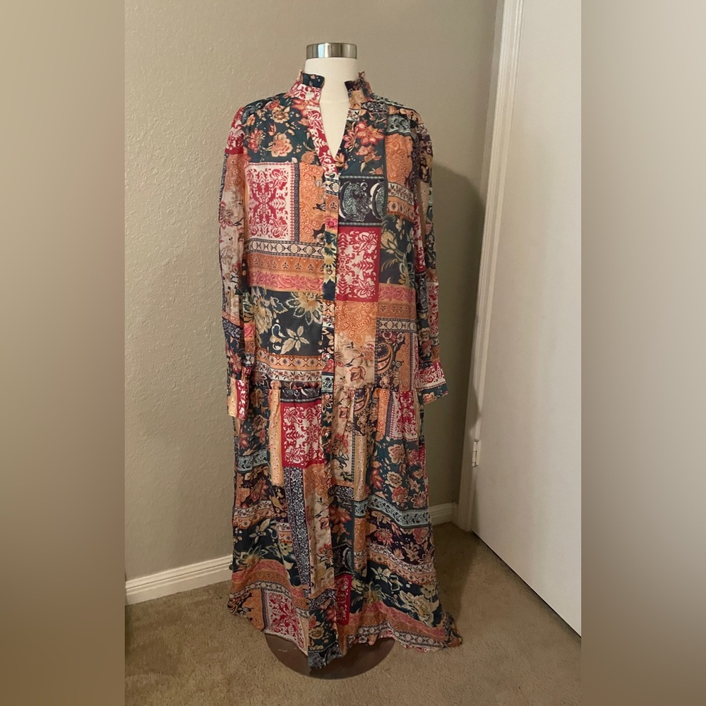 Fate Pink and Orange Long Sleeve Button Down Maxi Sundress with Mandarin Collar